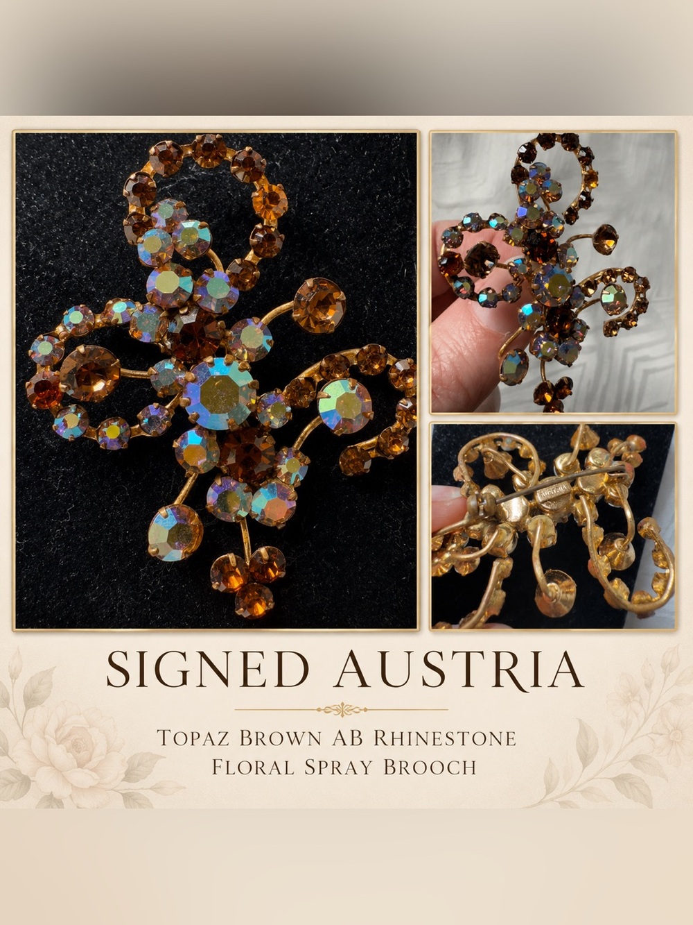 Signed Austrian Topaz Brown AB Rhinestone Floral Spray Brooch